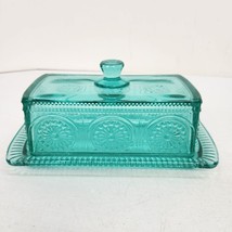 Pioneer Woman Butter Dish Adeline Teal Blue Green Covered Retro Glass Fa... - $16.44
