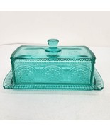 Pioneer Woman Butter Dish Adeline Teal Blue Green Covered Retro Glass Fa... - £12.86 GBP