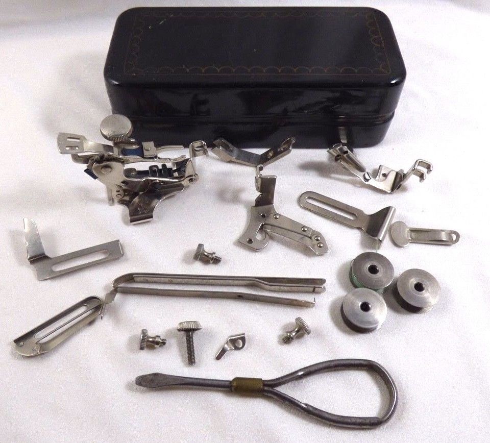 Antique VTG Sewing Machine Attachments Parts Tin box with Contents Mix lot - $43.56