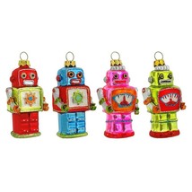 Set Of 4 Glass Robot Ornaments 3&quot; Retro Sci Fi Christmas Tree Outer Space Age - £37.52 GBP