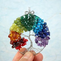 Rainbow Tree of Life pendant - Red coral, garnet, jasper, amber, jade, peridot,  - £53.54 GBP