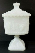 Vintage Milk Glass Grape Pattern Lidded Compote 7 1/2&quot; Candy Nut Dish - £18.70 GBP