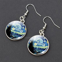 Van Gogh Oil Painting Stainless Steel Drop Earrings Glass Cabochon Dangle Hook E - £6.63 GBP