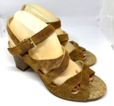 Clarks Cushion Plus Size 9 M  Brown Leather Suede 3&quot; Block Heels Sandals... - £18.64 GBP