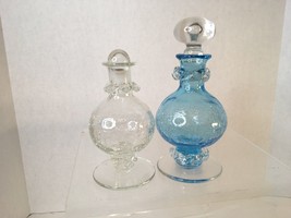 2 Vtg  Mid Century Crackle Glass  DecanterS W/ Ball Stopper Glass Rigaree Blue - £39.18 GBP