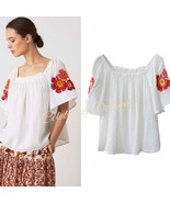 Boho Chic Square Neck Off-Shoulder Crinkle Cotton Top with Floral Embroi... - $34.99