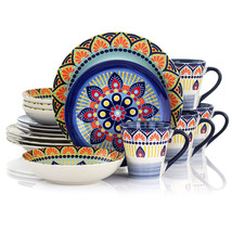 Elama Zen Blue Mozaik 16 Piece Luxurious Stoneware Dinnerware with Compl... - $80.92