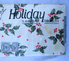 Vintage New Holly Vinyl Flannel-Backed 60&quot; Round Tablecloth Holiday Christmas - £14.85 GBP
