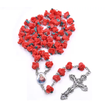 Red Rose Shaped Flower Bead Rosary Immaculate Heart Mary Centerpiece Catholic - £13.69 GBP