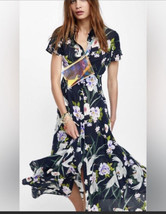 ZARA Navy Crane Print Button-down Maxi Dress Sz S New Floral Print - £47.20 GBP