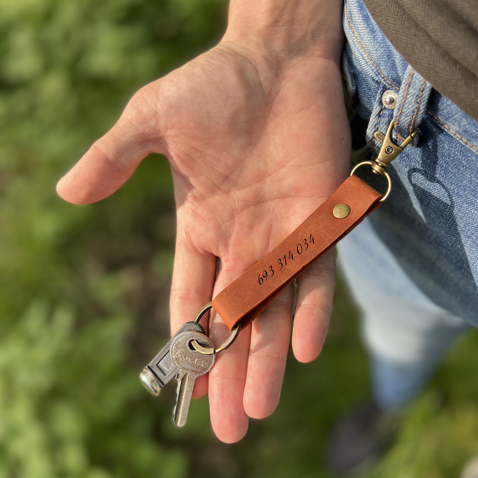 Personalized Customized Leather Keychain Phone Number Handmade Key Fob Keyring - $30.00