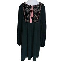 SIGNATURE STUDIO EMERAL GREEN BOHO SHIFT DRESS EMBROIDERED VELVET TASSEL... - $384.75 MXN