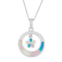 White, Pink, Blue Inlay Opal Small Flower Inside Open Circle Pendant - £43.28 GBP