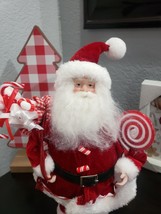 Christmas Santa Claus Peppermint Candy Cane Red White Doll Figurine Figure 15&quot; - £31.60 GBP