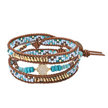 Sparkling Brass CZ Flower with Green and Blue Beads Multi-Wrap Leather Bracelet - £19.00 GBP