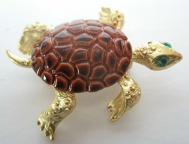 Turtle Brooch Pin Gold Tone Setting Green Rhinestone Eyes Brown Enamel Vintage - £12.05 GBP