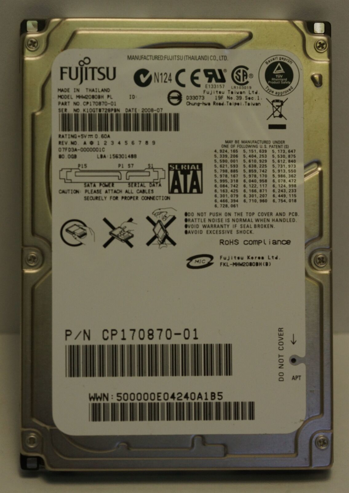 Fujitsu MHW2080BH HDD , 2.5&quot; , 80GB, ATA8-ACS / SATA/150 , tested w/ pics - $9.77