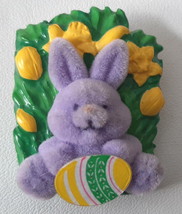 Bunny Rabbit Brooch Pin With Daffodils Purple Fuzzy 1 3/4 Inches Tall C Clasp - $9.99