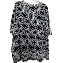 Solitaire Women Blouse Blue White 2X Tunic Scallop Hem 1/2 Sleeve Embroi... - £19.73 GBP