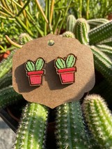Earrings Post Style Hand Painted Light Green Cactus Cacti in Simple Red Pot Pott - £7.91 GBP