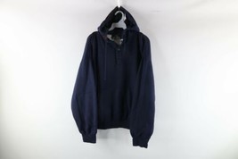Vtg 90s Streetwear Mens Large Blank Thermal Lined Henley Hoodie Sweatshirt Blue - £70.02 GBP