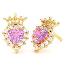 Lab-Created Pink Sapphire Diamond Claddagh Motive Earrings in 14k Yellow Gold - £478.72 GBP