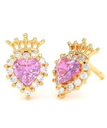 Lab-Created Pink Sapphire Diamond Claddagh Motive Earrings in 14k Yellow... - $813.65 CAD