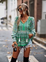 TEELYNN Vintage Long Sleeve Boho Blouses for Women Casual V-neck  Print Blouse S - £78.31 GBP