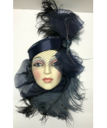 CLAY ART 16&quot; Rhapsody In Blue Art Deco Feathers Porcelain Mask - $59.40