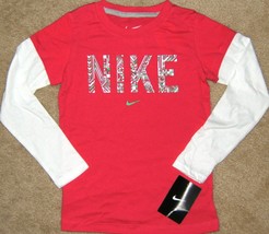 Nike Girls Long Sleeve T-Shirt Top Pink Tee White Sleeves Size 4 - $11.99