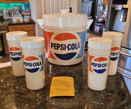 Vintage 1970s 1980s Pepsi Ice Bucket w/4 Tumblers Plastic Thermo-Serv US... - $124.95