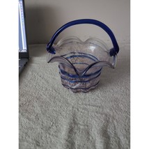 Hand Blown Art Glass Basket w/ Cobalt Blue Spiral White Opalescent Splat... - £15.31 GBP