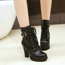 Women comfy Platform Square High Heel Martin Boots Fashion Round Toe Buckle Fall - £56.33 GBP