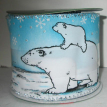 Christmas Holiday Indoor Craft Blue White Polar Bear Glitter Wire-Edged Ribbon - £8.17 GBP