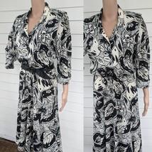 80s Print Dress 1980s Retro Black Ivory 8 S Rothschild - £23.11 GBP