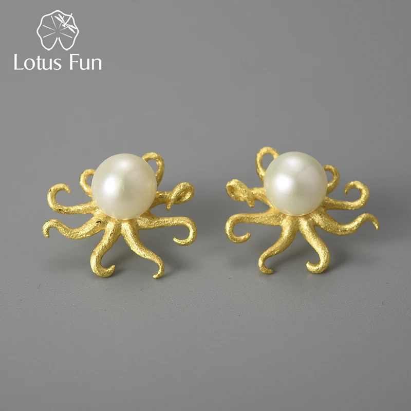 Creative Octopus Natural Pearl Stud Earrings for Women Real 925 Sterling Silver  - £32.52 GBP