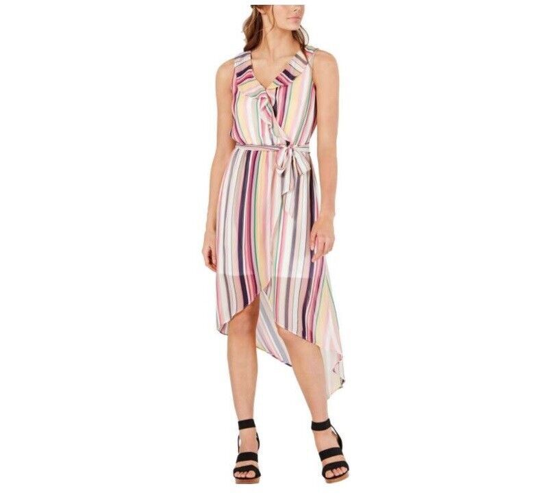 BCX Junior Womens XS Pink Blue Multi Stripe Hi Low Faux Wrap Belt Maxi D... - $6.90