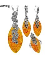 Leaf Flower Pendant Simulated Ambers Jewelry Set Choker Necklace Earrings Rings  - $22.33
