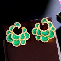 Tiple green enamel flower gold plated cubic zircon big drop chic retro wedding earrings thumb200