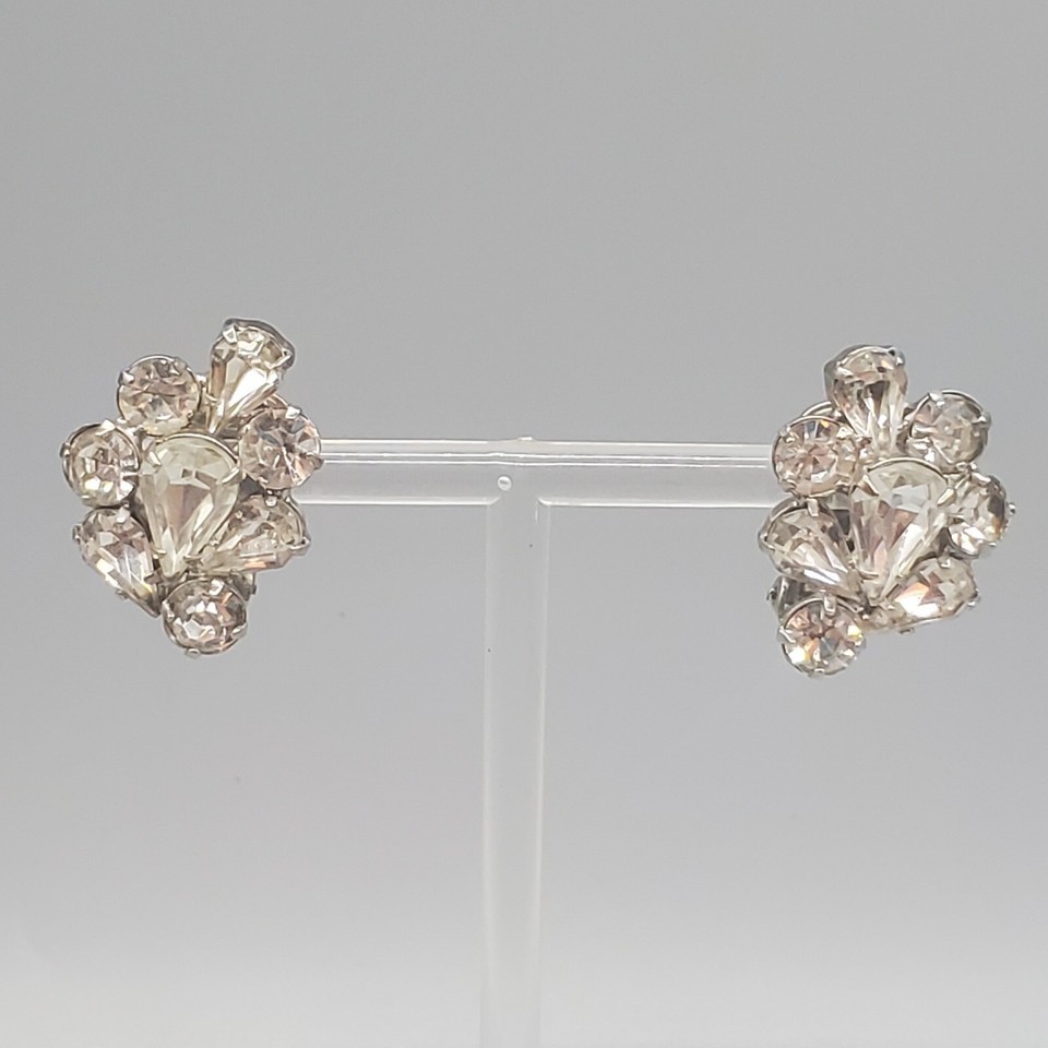Vintage Cluster Rhinestone Earrings Clip On Silver Tone Pear Round Stud ... - $19.99