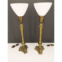 Vintage Brass Milk Glass Torchiere Lamp Pair 27&quot; Hollywood Regency - $198.00