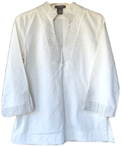 Kenar Linen Tunic Blouse Shirt Womens Size 8 Oatmeal Beaded Embellishments * - $28.87