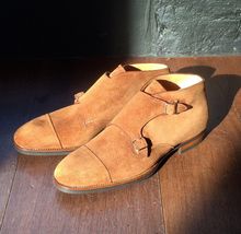 Handmade men&#39;s Bespoke Beige Suede Leather Chukka buckle strap boots US 5-15 - £111.88 GBP