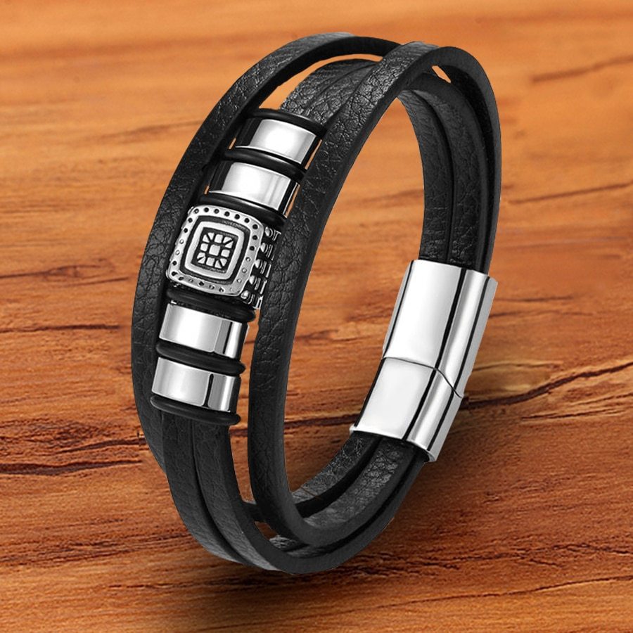 Trendy Woven Charm Stainless Steel Magnetic Rope Layered Black Genuine Leather B - £10.85 GBP