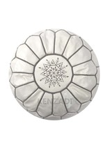 Moroccan leather Pouf, round Pouf, berber Pouf, White Pouf with Grey emb... - £54.13 GBP