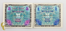1944 Allemagne Envoie WWII Allied Militaire Currency 1 &amp; 5 Mark (au-Unc)... - $44.07