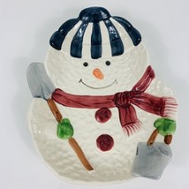 Snowman Candy Dish Winter Holiday Ceramic Cookie Serving Plate Shovel Ha... - $21.77