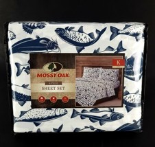 Mossy Oak King Bed 4 Pc Sheet Set White Blue Fish Fishing Cabin New - £38.15 GBP