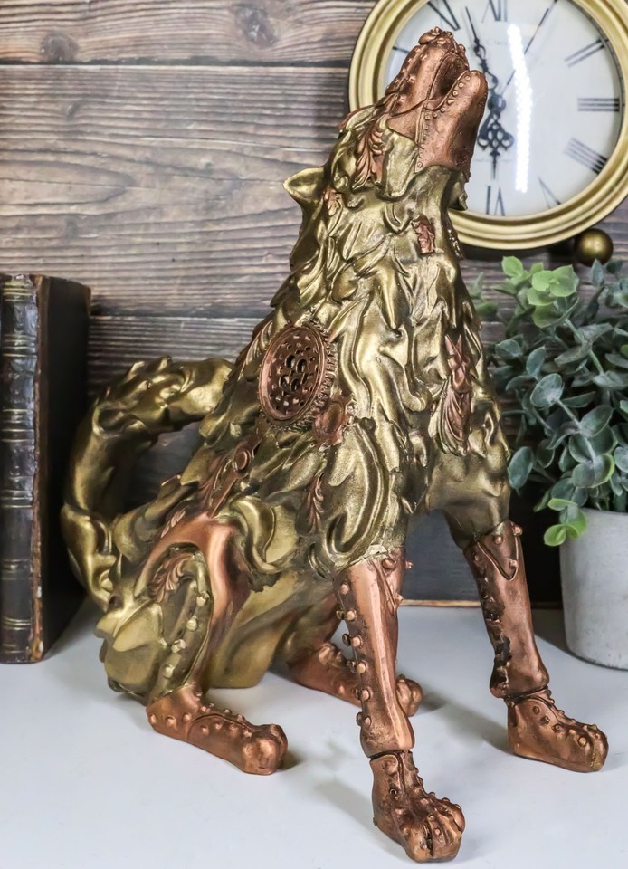 Steampunk Armor Geared Golden Robotic Alpha Wolf Howling At The Moon Statue - $32.99