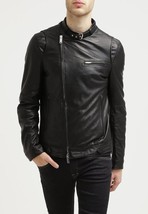 Men&#39;s Genuine Lambskin Leather Jacket Black Biker Motorcycle Slim jacket - £128.28 GBP